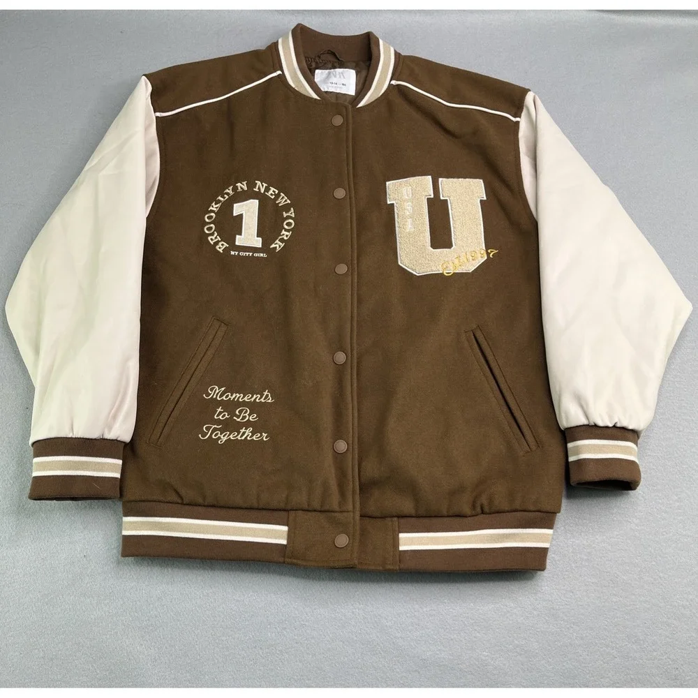 Zara Girls Letterman Snap Button PATCH VARSITY BROWN JACKET Size 13-14